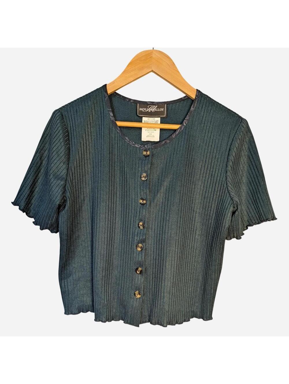 Vintage 1990s Emerald Green Ribbed Button Up Top Lettuce Hem Small Medium